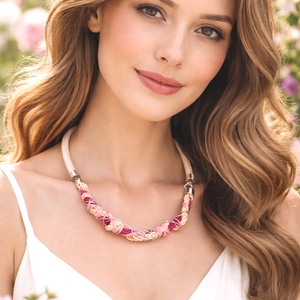 Rózsaszín mánia fonal, zsinór nyaklánc, Ékszer, Nyaklánc, Statement nyaklánc, Ékszerkészítés, Csomózás, MESKA