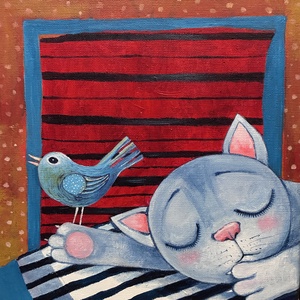 "Le rêve du petit chaton", Művészet, Festmény, Akril, , Szeretek cicàkat festeni, és gyakran megjelennek a madarak is a kèpeimen. Ezek is mesék, álmok. A k..., MESKA