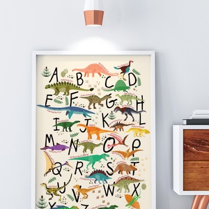 ABC dinós babaszoba poszter KERETTEL, Montessori dinószauruszos abc szülinapi falidekor, Ovis zsúr ajándékötlet, Tanuló - otthon & életmód - dekoráció - kép & falikép - Meska.hu