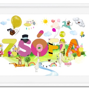 Egyedi kislány névtábla poszter KERETTEL, Keresztelő ajándék, Szülinapi névadó monogram névreszóló gyerekszoba print - otthon & életmód - dekoráció - fali és függő dekoráció - betű & név - Meska.hu