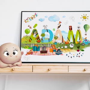 Egyedi kisfiú névtábla poszter KERETTEL, Keresztelő ajándék, Szülinapi névadó monogram névreszóló gyerekszoba print - otthon & életmód - dekoráció - Meska.hu