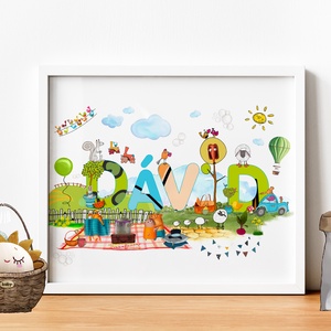 Egyedi kisfiú névtábla poszter KERETTEL, Keresztelő ajándék, Szülinapi névadó monogram névreszóló gyerekszoba print - otthon & életmód - dekoráció - Meska.hu