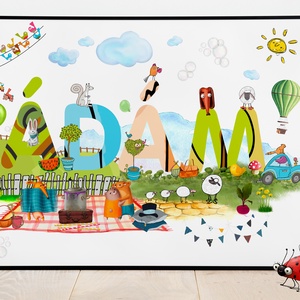 Egyedi kisfiú névtábla poszter KERETTEL, Keresztelő ajándék, Szülinapi névadó monogram névreszóló gyerekszoba print - otthon & életmód - dekoráció - Meska.hu