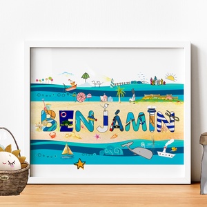 Egyedi kisfiú névtábla poszter KERETTEL, Keresztelő ajándék, Szülinapi névadó monogram névreszóló gyerekszoba print  - otthon & életmód - dekoráció - fali és függő dekoráció - betű & név - Meska.hu