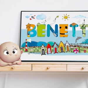 Egyedi kisfiú névtábla poszter KERETTEL, Keresztelő ajándék, Szülinapi névadó monogram névreszóló gyerekszoba print  - otthon & életmód - dekoráció - Meska.hu