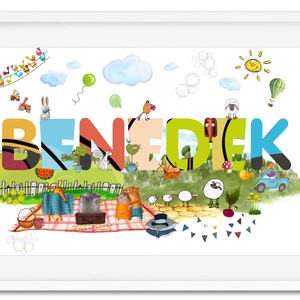 Egyedi kisfiú névtábla poszter KERETTEL, Keresztelő ajándék, Szülinapi névadó monogram névreszóló gyerekszoba print - otthon & életmód - dekoráció - Meska.hu