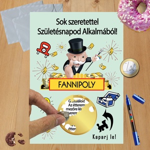Kaparós sorsjegy egyedi felirat Születésnap Monopoly, Otthon & Életmód, Papír, írószer, Ajándékozás kellékei, Ajándék sorsjegy, Fotó, grafika, rajz, illusztráció, MESKA