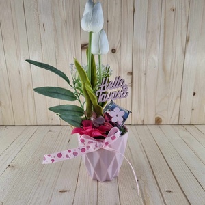 Anyák napi fehér tulipános asztaldísz rózsaszín kaspóban - Meska.hu