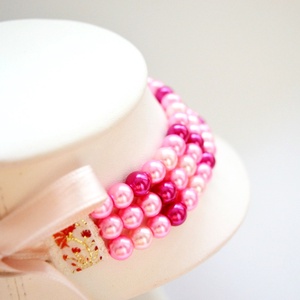 3 soros, rózsaszín-pink-magenta színű üvegtekla kaláris - 8 mm-es üvegtekla gyöngyből - ékszer - nyaklánc - gyöngyös nyaklánc - Meska.hu