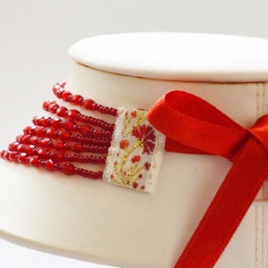 Kisebb méretű 7 soros piros kaláris - 4 mm-es csiszolt üveggyöngyből - ékszer - nyaklánc - párhuzamos nyaklánc - Meska.hu