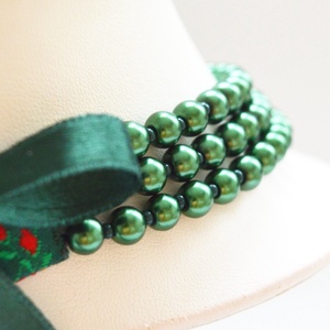 3 soros sötétzöld kaláris - 6 mm-es üvegtekla gyöngyből - ékszer - nyaklánc - gyöngyös nyaklánc - Meska.hu
