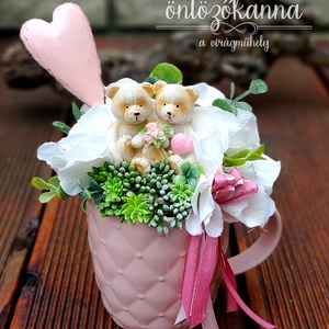 Szerelmes, macis bögrés dísz , Otthon & Életmód, Dekoráció, Asztal és polc dekoráció, Asztaldísz, , MESKA