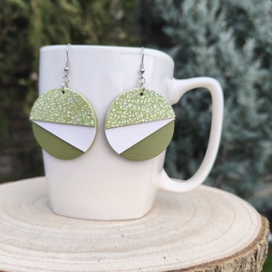 Zöld -fehér félhold bőr füli , Ékszer, Fülbevaló, Lógós kerek fülbevaló, Bőrművesség, MESKA