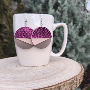 Pink-barna félhold bőr füli , Ékszer, Fülbevaló, Lógós kerek fülbevaló, Bőrművesség, MESKA