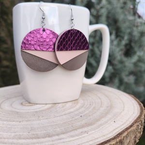 Pink-barna félhold bőr füli  - ékszer - fülbevaló - lógós kerek fülbevaló - Meska.hu