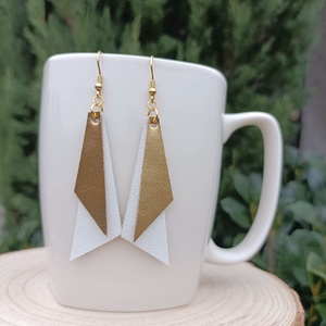 Arany-fehér  bőr füli , Ékszer, Fülbevaló, Lógó fülbevaló, Bőrművesség, MESKA