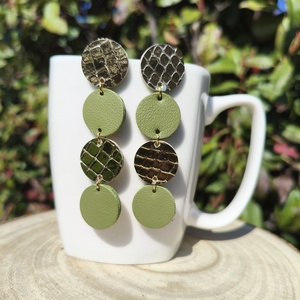 Aranykrokkó-oliva körök bőr füli , Ékszer, Fülbevaló, Lógó fülbevaló, Bőrművesség, MESKA