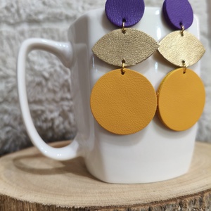 Lila - sárga bőr füli  - ékszer - fülbevaló - lógó fülbevaló - Meska.hu