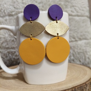 Lila - sárga bőr füli  - ékszer - fülbevaló - lógó fülbevaló - Meska.hu