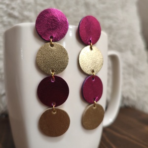 Arany-pink körök bőr füli , Ékszer, Fülbevaló, Lógó fülbevaló, Bőrművesség, MESKA