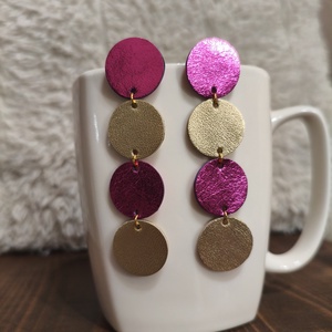 Arany-pink körök bőr füli  - ékszer - fülbevaló - lógó fülbevaló - Meska.hu