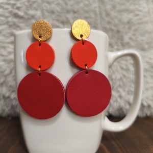 Narancs -piros körök bőr füli  - ékszer - fülbevaló - lógó fülbevaló - Meska.hu
