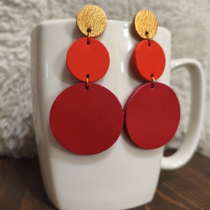 Narancs -piros körök bőr füli  - ékszer - fülbevaló - lógó fülbevaló - Meska.hu