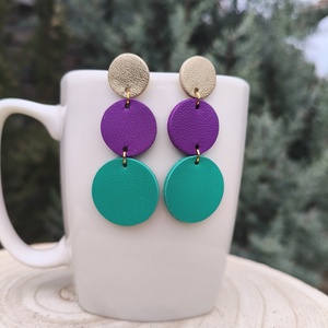 Pezsgő -lila-zöld körök bőr füli  - ékszer - fülbevaló - lógó fülbevaló - Meska.hu