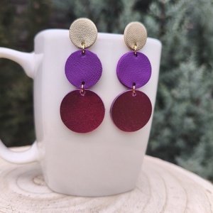 Pezsgő -lila-zöld körök bőr füli , Ékszer, Fülbevaló, Lógó fülbevaló, Bőrművesség, MESKA