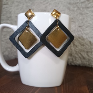 Fekete -arany szögletes bőr füli , Ékszer, Fülbevaló, Lógó fülbevaló, Bőrművesség, MESKA