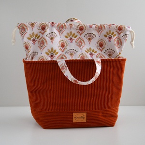 Nagy méretű behúzós projekt táska kézimunkához (sötét narancs kordbársony) - táska & tok - kézitáska & válltáska - kézitáska - Meska.hu