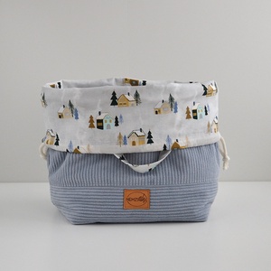 Nagy méretű behúzós projekt táska kézimunkához (világoskék téli házas kordbársony) - táska & tok - kézitáska & válltáska - kézitáska - Meska.hu