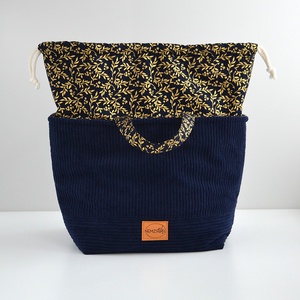 Nagy méretű behúzós projekt táska kézimunkához (sötétkék kordbársony) - táska & tok - kézitáska & válltáska - kézitáska - Meska.hu