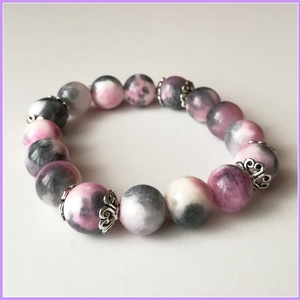 Rózsaszín-zebra perzsa jáde karkötő, 1 cm-es,gömb alakú magas minőségű természetes féldrágakövekből - Meska.hu