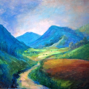 Hegyek között, 50x60 cm,akril festmény  - Meska.hu