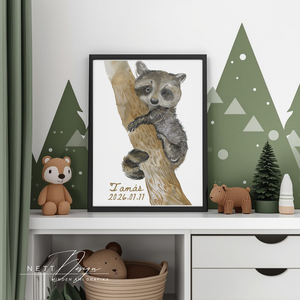 Személyre szabható gyerekszoba falikép - Mosómedve illusztrációval - baba - mama - babaszoba dekoráció - babaposzter - Meska.hu