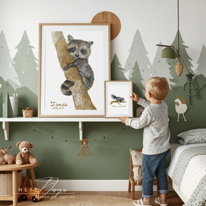 Személyre szabható gyerekszoba falikép - Mosómedve illusztrációval, Baba - mama, Babaszoba dekoráció, Babaposzter, Fotó, grafika, rajz, illusztráció, MESKA