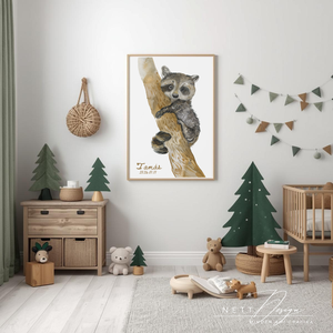 Személyre szabható gyerekszoba falikép - Mosómedve illusztrációval - baba - mama - babaszoba dekoráció - babaposzter - Meska.hu