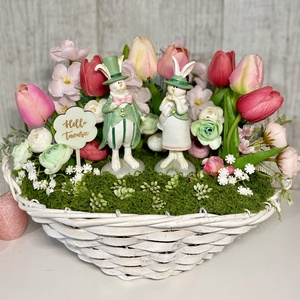 Húsvéti kosár asztaldísz nyuszi párral, Ünnepi díszek, dekorációk, Húsvéti díszek és dekorációk, Húsvéti virágos díszek, Mindenmás, MESKA