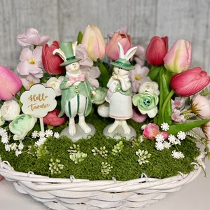 Húsvéti kosár asztaldísz nyuszi párral - ünnepi díszek, dekorációk - húsvéti díszek és dekorációk - húsvéti virágos díszek - Meska.hu