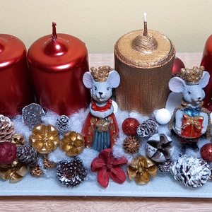 Adventi asztaldísz üvegtálon, egérkirállyal és királynővel - karácsony - adventi díszek - adventi koszorú - Meska.hu