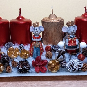 Adventi asztaldísz üvegtálon, egérkirállyal és királynővel - karácsony - adventi díszek - adventi koszorú - Meska.hu