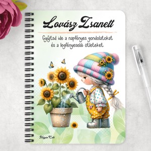 Személyre szabható - Locsolós napraforgós manó lány mintás A6-os füzet - otthon & életmód - papír, írószer - jegyzetfüzet & napló - Meska.hu