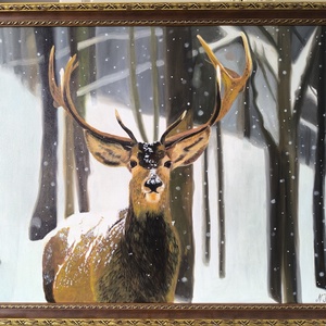 Szarvas festmény téli táj, Művészet, Festmény, Festmény vegyes technika, Festészet, MESKA