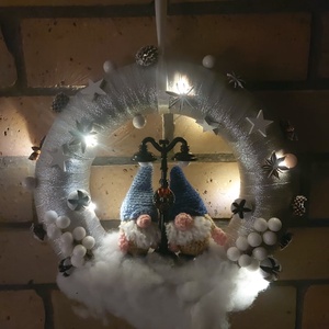 Kék karácsonyi kis  manós világító kopogtató - karácsony - adventi díszek - adventi ajtódísz - Meska.hu