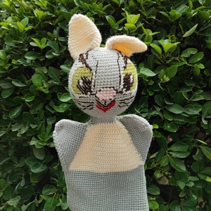 Horgolt cica kézbáb szürke - halványsárga, Játék & Sport, Bábok, Kesztyűbáb, Horgolás, MESKA