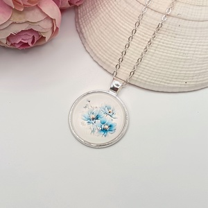 Ezüst nyaklánc  kék virágmintás lencsével - ékszer - fülbevaló - lógó fülbevaló - Meska.hu