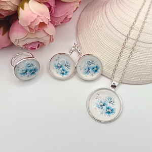 Ezüst nyaklánc  kék virágmintás lencsével - ékszer - fülbevaló - lógó fülbevaló - Meska.hu