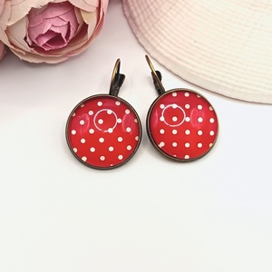 Antik bronz franciakapcsos fülbevaló  piros, fehér pöttyös lencsével - ékszer - fülbevaló - lógó fülbevaló - Meska.hu