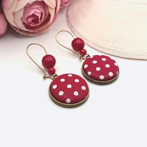 Antik bronz akasztós fülbevaló  piros, fehér pöttyös textil lencsével, piros korallkő ásványgyönggyel - ékszer - fülbevaló - lógó fülbevaló - Meska.hu